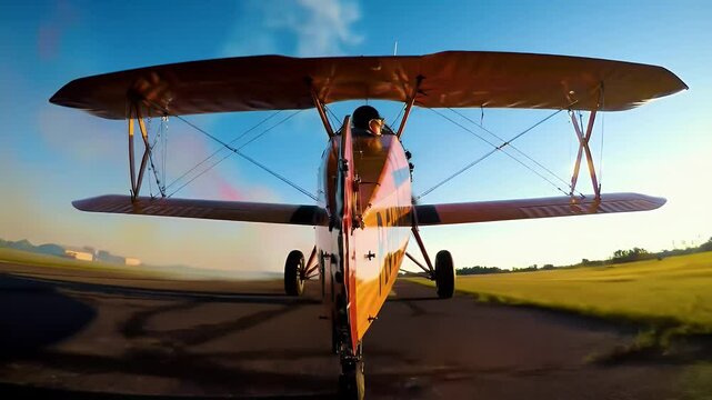 Flying Vintage Biplane at Dawn Low Angle Over Field Aerial Flight