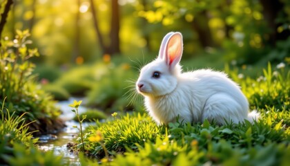 Cute white rabbit in lush green forest near stream nature photography serene environment close-up view