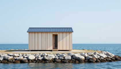 Modern minimalist house on rocky island coastal setting architecture serene environment wide angle view