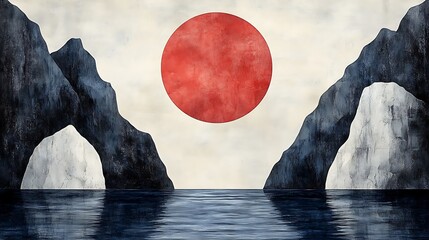 Fototapeta premium Abstract landscape with mountains sun and water