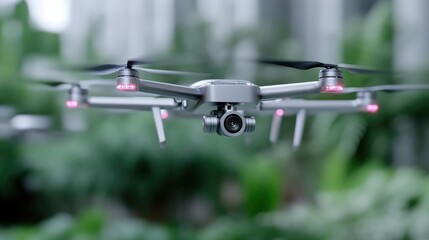 Modern drone in flight, hovering above lush greenery.  The drone features a sleek, silver-gray chassis with visible camera and stabilizing components.  Pink lights illuminate the drone's underside
