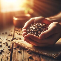 Hands holding coffee beans on a wooden table