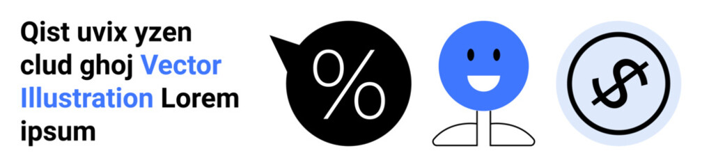 Fototapeta premium Percentage sign, blue happy face, and dollar sign icon. Ideal for finance, positivity, growth, success, business, money management simple landing page