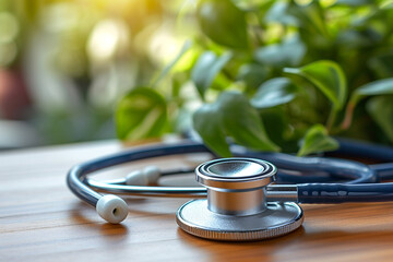 A stethoscope on a wooden table represents the medical concept of health policy   