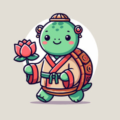 Cartoon Turtle in Traditional Japanese Outfit Holding a Pink Lotus Blossom Illustration