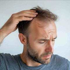 Obraz premium A 35yearold man with a concerned look running his hand through the thinning hair at the top of his head Early signs of baldness are visible He is in a bright minimal environment wit