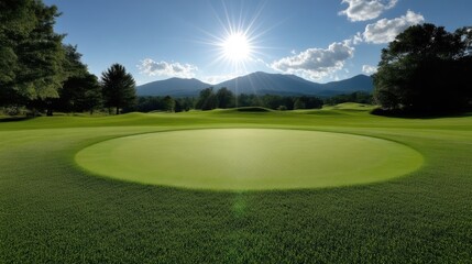 Scenic golf green under a bright sun. Lush fairway with mountains in the background