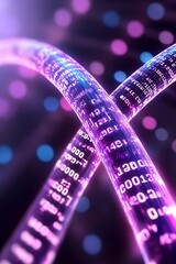 Glowing purple data strands intertwine, resembling DNA, against a bokeh backdrop  Numerical code is visible on the strands