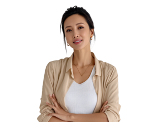 A Young Woman in a Beige Jacket and White Top Smiling Confidently for the Camera Capturing Elegance and Professionalism in a Conceptual Portrait