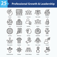 Professional Growth & Leaders is a collection of icons in sheet format showcasing professional development, leadership skills, technical expertise, and visionary direction in modern work environments.