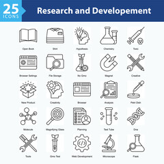 Obraz premium Research and Developeme is a collection of icons in sheet format illustrating scientific innovation, technology research, and the integration of digital tools and time management. 