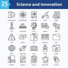 Science and Innovation is a collection of icons in sheet format illustrating scientific innovation, technology research, and the integration of digital tools and time management in modern development