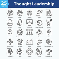 Thought Leadership is a collection of icons in sheet format showcasing professional development, leadership skills, technical expertise, and visionary direction in modern work environments.	
