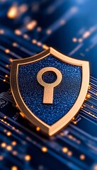Metallic shield with keyhole on circuit board, symbolizing digital security and data protection
