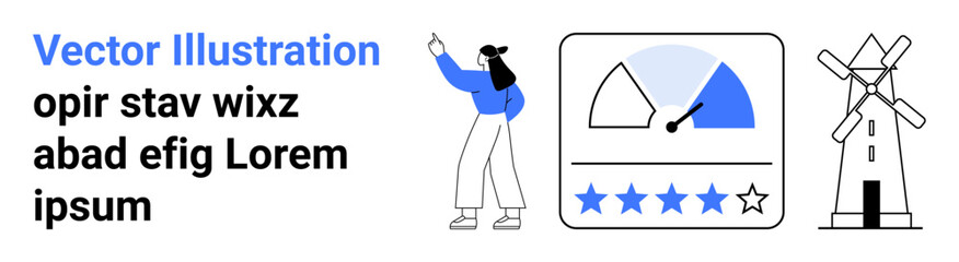 Woman pointing at a performance gauge, user rating stars, and windmill graphic. Ideal for feedback, performance, analytics, energy, customer satisfaction, strategy simple landing page