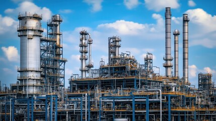 complex industrial landscape: a sprawling refinery with interconnected pipes, towers, and structures under a dynamic blue sky, showcasing technological prowess and industrial might