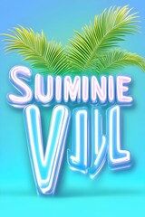 Neon-lit summer vacation  with palm fronds