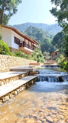 Mountainside villas with cascading stream, stone paths, and lush greenery