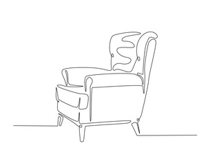 Cosy sofa armchair outline drawing illustration. one continuous line drawing of armchair furniture.