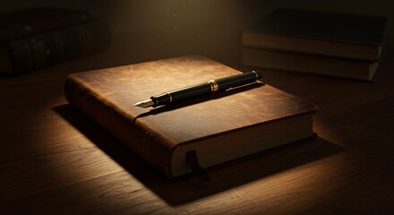 A leather-bound journal and a fountain pen placed on a desk, soft overhead lighting, cinematic and thoughtful composition
