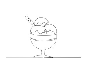 Ice cream in the glass bowl outline drawing illustration. one continuous line drawing of Ice cream.