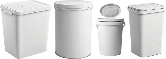 Vier schlichte Müllbehälter mit Deckel in verschiedenen Formen und Größen für den täglichen Gebrauch