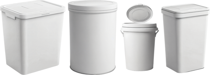 Vier schlichte Müllbehälter mit Deckel in verschiedenen Formen und Größen für den täglichen Gebrauch