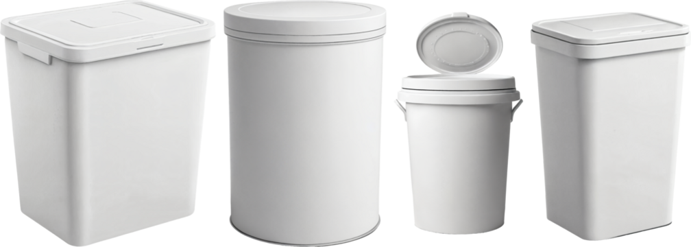 Vier schlichte Müllbehälter mit Deckel in verschiedenen Formen und Größen für den täglichen Gebrauch