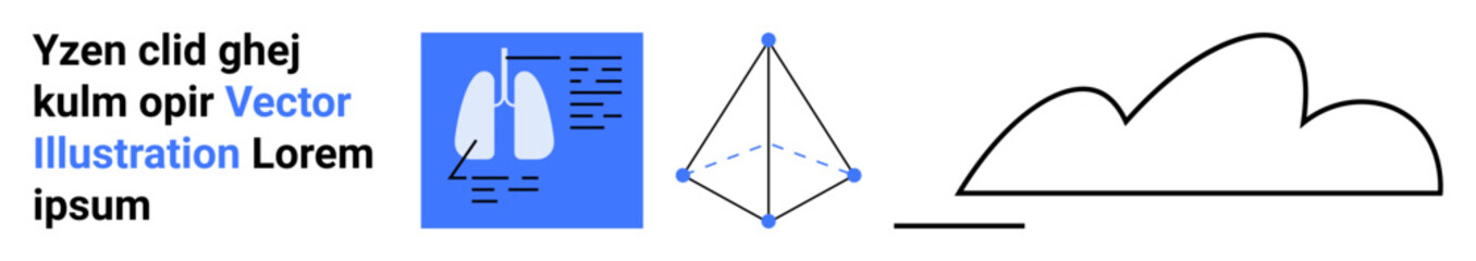 Lungs diagram with medical text, 3D geometric shape with connection points, abstract cloud outline. Ideal for healthcare, research, technology, data science, cloud computing, education simple