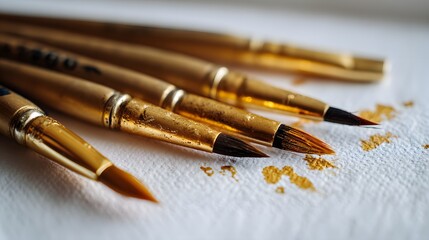 Artist Paintbrushes with Gold Paint on Textured Paper