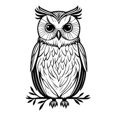 Stylized nocturnal raptor illustration in monochrome line art over branch