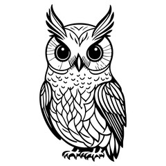 Monochrome owl illustration with intricate feather detailing and graphic style