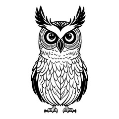Stylized owl illustration with symmetrical feather patterns and bold outlines
