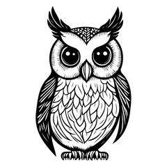 Monochrome owl illustration with intricate details and captivating big eyes