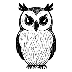 Detailed Ink Illustration of a Stylized Owl with Ornamental Headband and Feathers