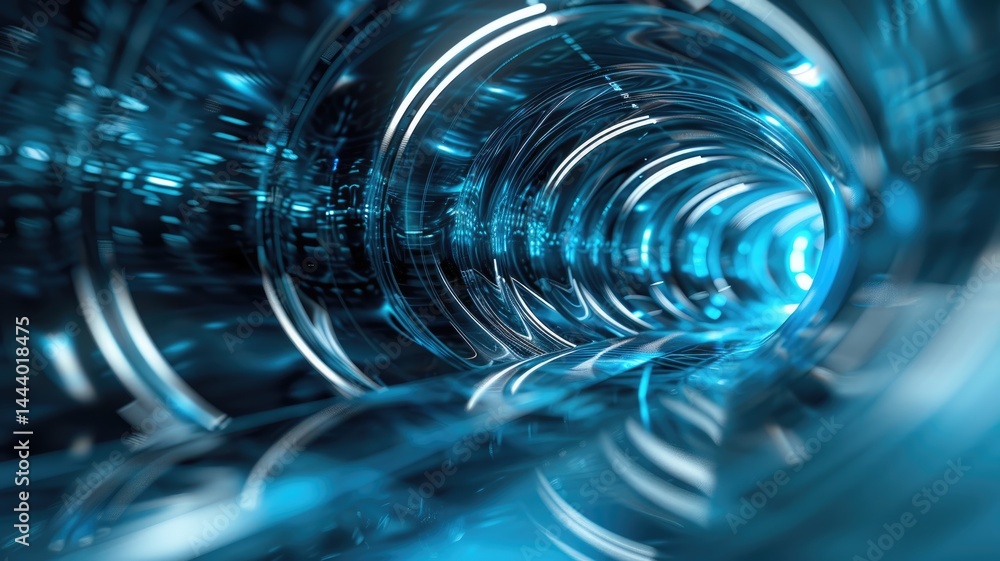 Poster futuristic digital tunnel with blue lights. digital artwork of glowing neon portal with blue glowing
