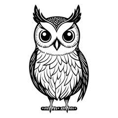 Stylized owl illustration with intricate patterns and bold outlines presented in monochrome