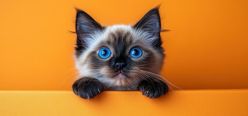 Adorable Kitten with Striking Blue Eyes Peeking from Behind an Orange Background