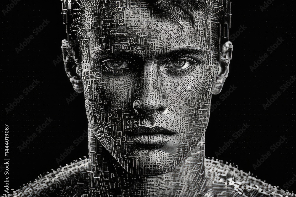 Aufkleber digital portrait of a person with pixelated texture on a green background. human or human robotic lo