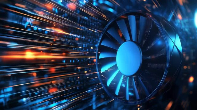 Futuristic turbine blue light technology energy speed innovation digital abstract motion power glowing engineering modern science dynamic metallic machinery efficiency industry electric fan engine