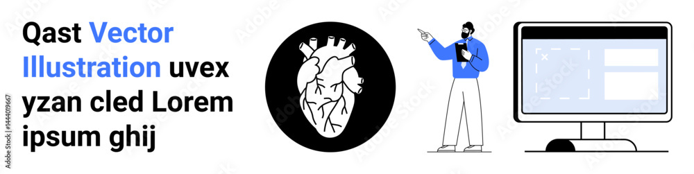 Poster heart diagram, person pointing with clipboard, large computer monitor with interface design. ideal f