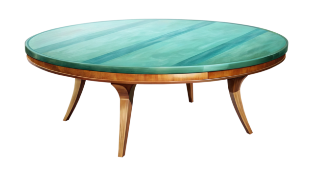 Round wood table with blue green striped top and curved legs