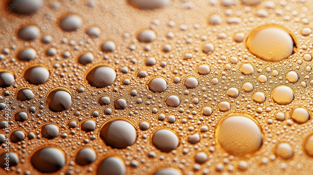 Poster close-up view of water droplets on a golden surface with a soft focus background