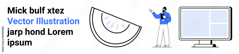 Aufkleber man pointing towards content, stylized watermelon slice, large desktop screen with sections. ideal f