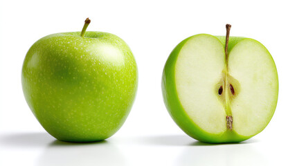 Two green apples, one whole and one halved, on a white background.  The halved apple reveals the interior flesh