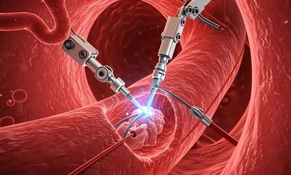 Robotic arms perform microsurgery within a blood vessel, with intricate detail and precision
