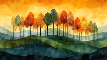 Autumn trees on rolling watercolor hills