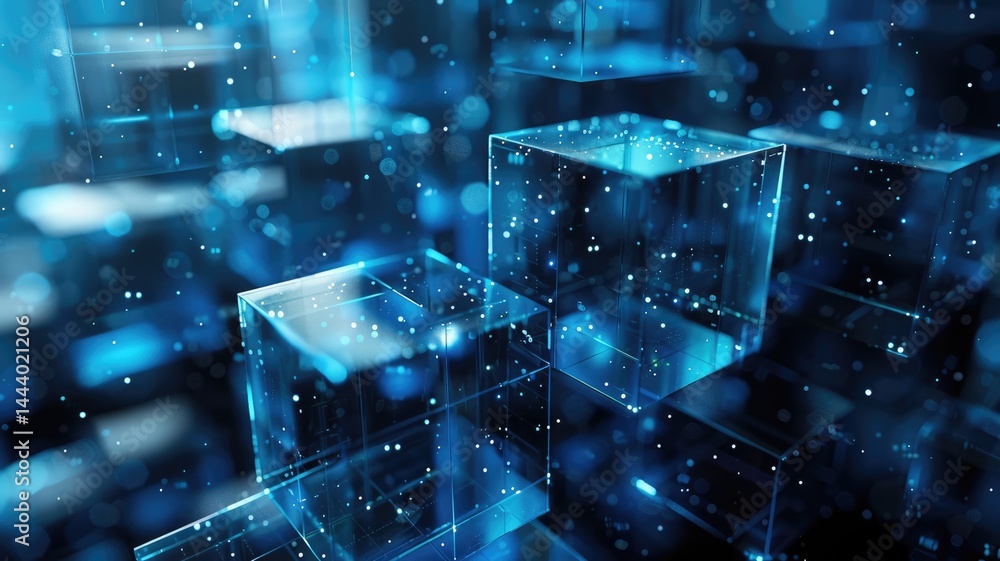 Poster abstract digital art with blue glowing cube and particles. digital artwork of transparent cube with 
