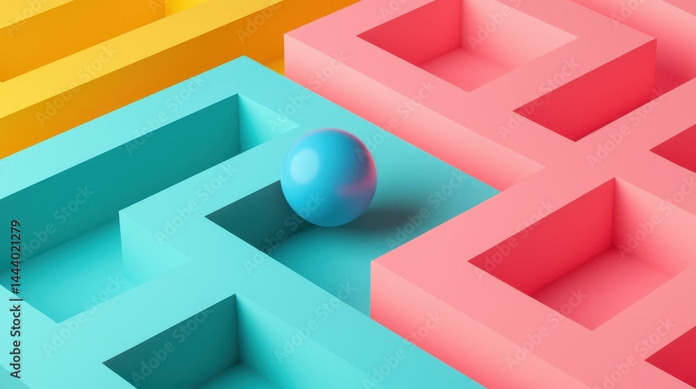 Poster abstract geometric composition with colorful walls and a blue sphere navigating through a maze-like 