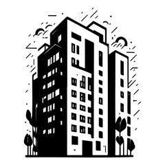 Fototapeta premium Monochrome urban elevation showcasing a high-rise residential structure depiction